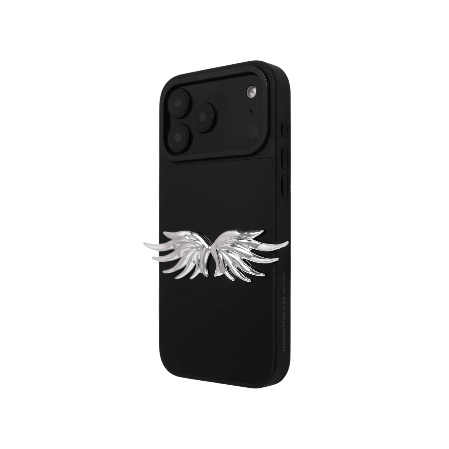 The Tiny Silver Angel Wings iPhone Case featuring a pair of small, symmetrical 3D sculpted silver wings with a high-shine chrome finish. Available in three base variations: Silver, Transparent, and Black.