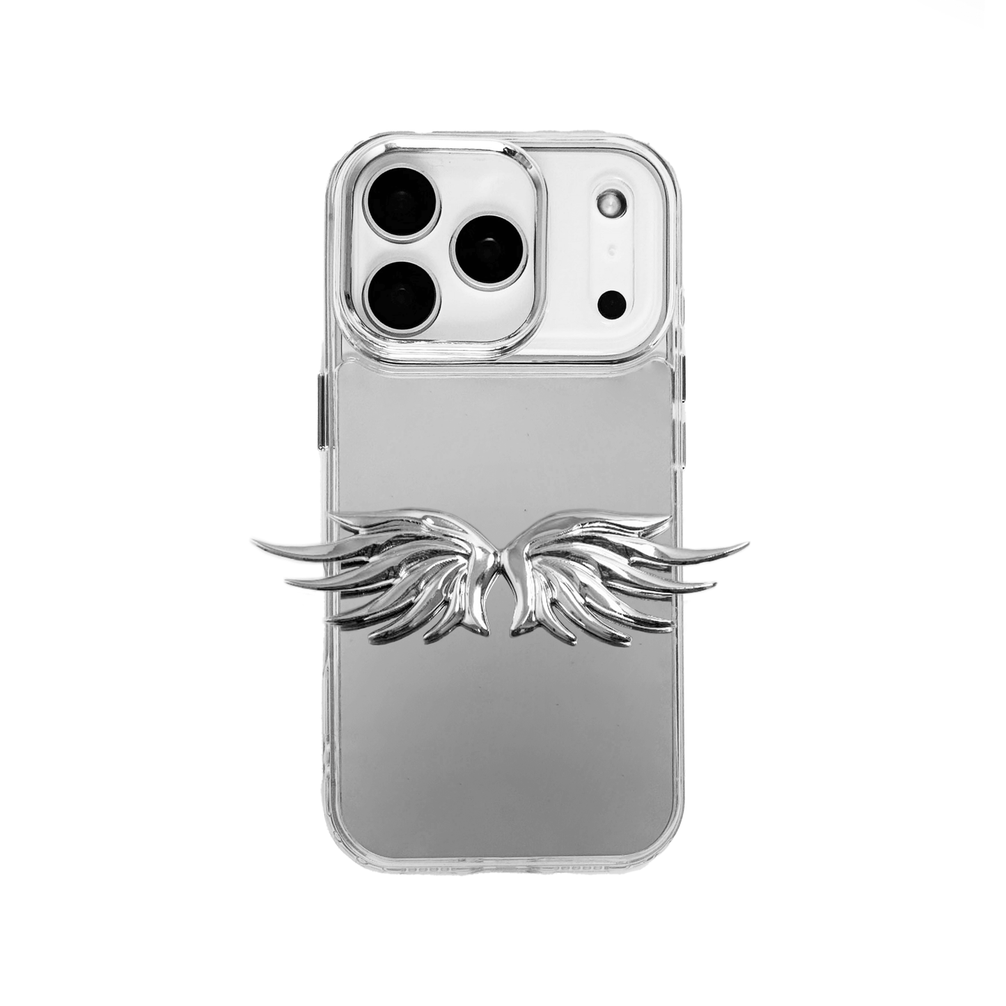 The Tiny Silver Angel Wings iPhone Case featuring a pair of small, symmetrical 3D sculpted silver wings with a high-shine chrome finish. Available in three base variations: Silver, Transparent, and Black.