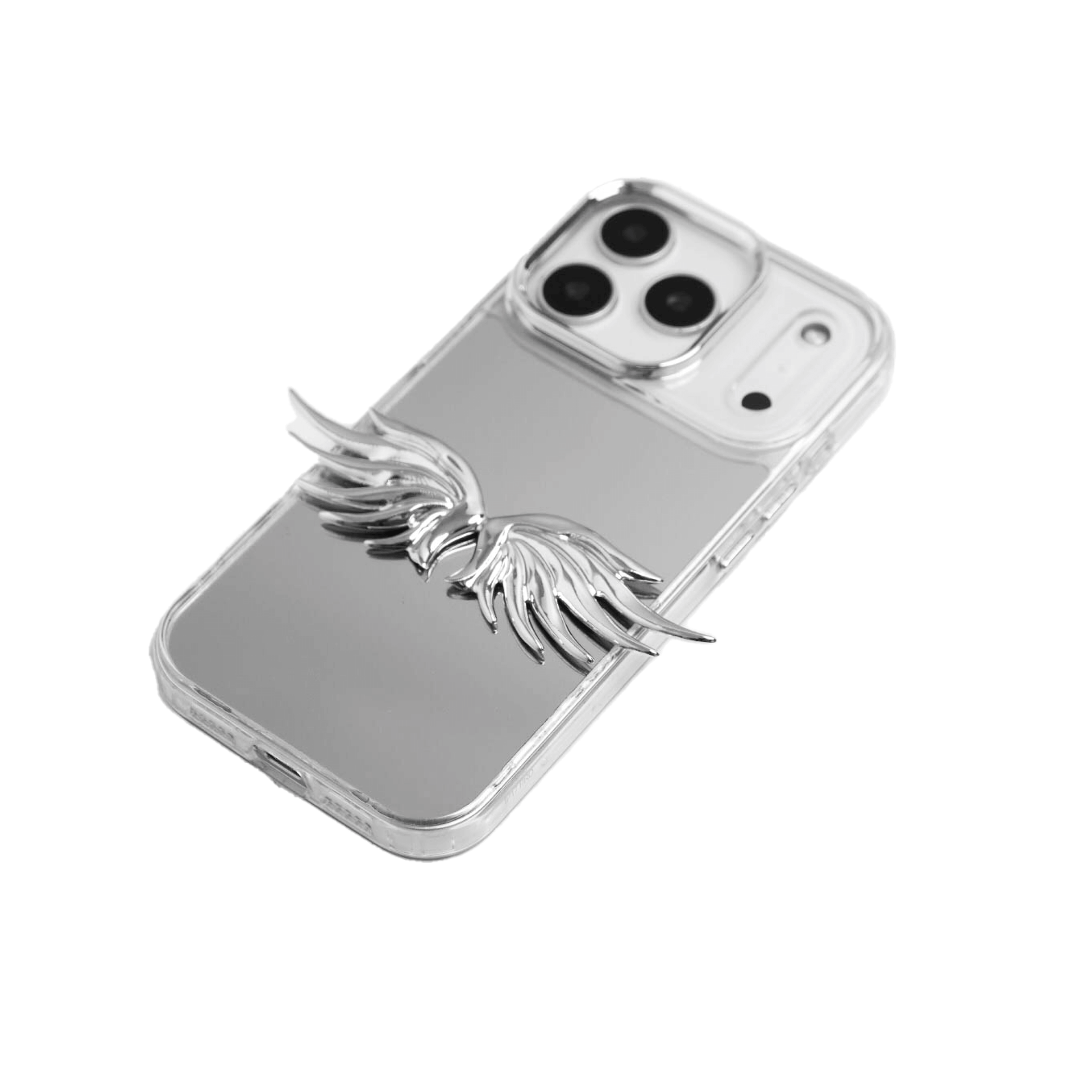 The Tiny Silver Angel Wings iPhone Case featuring a pair of small, symmetrical 3D sculpted silver wings with a high-shine chrome finish. Available in three base variations: Silver, Transparent, and Black.