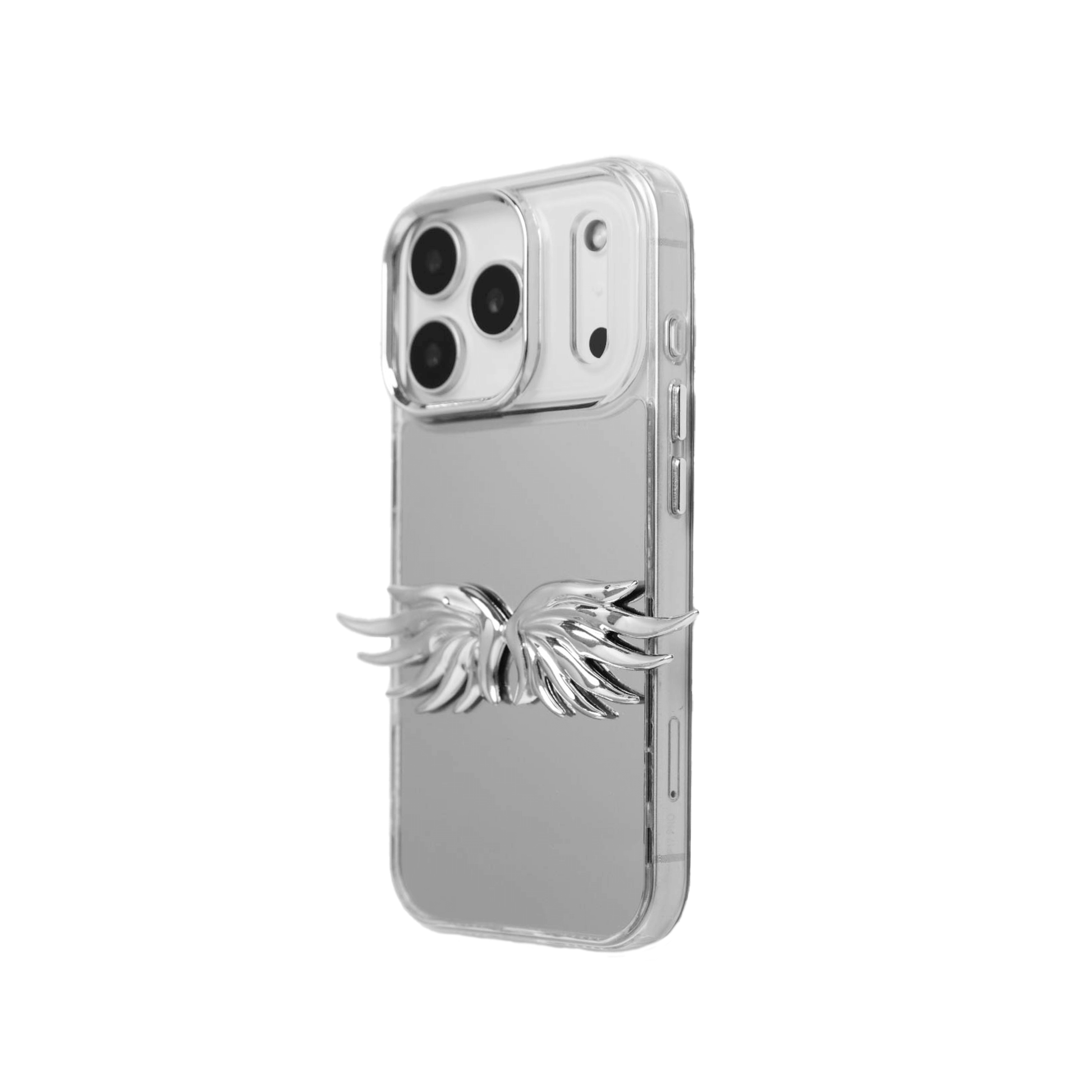 The Tiny Silver Angel Wings iPhone Case featuring a pair of small, symmetrical 3D sculpted silver wings with a high-shine chrome finish. Available in three base variations: Silver, Transparent, and Black.