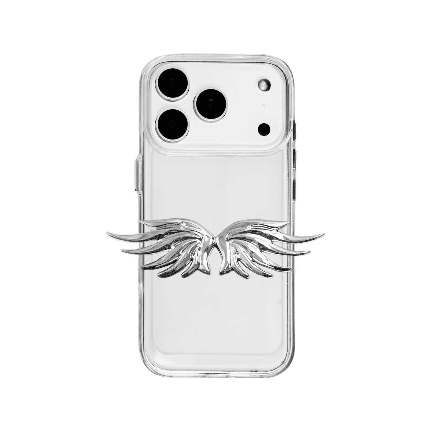 The Tiny Silver Angel Wings iPhone Case featuring a pair of small, symmetrical 3D sculpted silver wings with a high-shine chrome finish. Available in three base variations: Silver, Transparent, and Black.