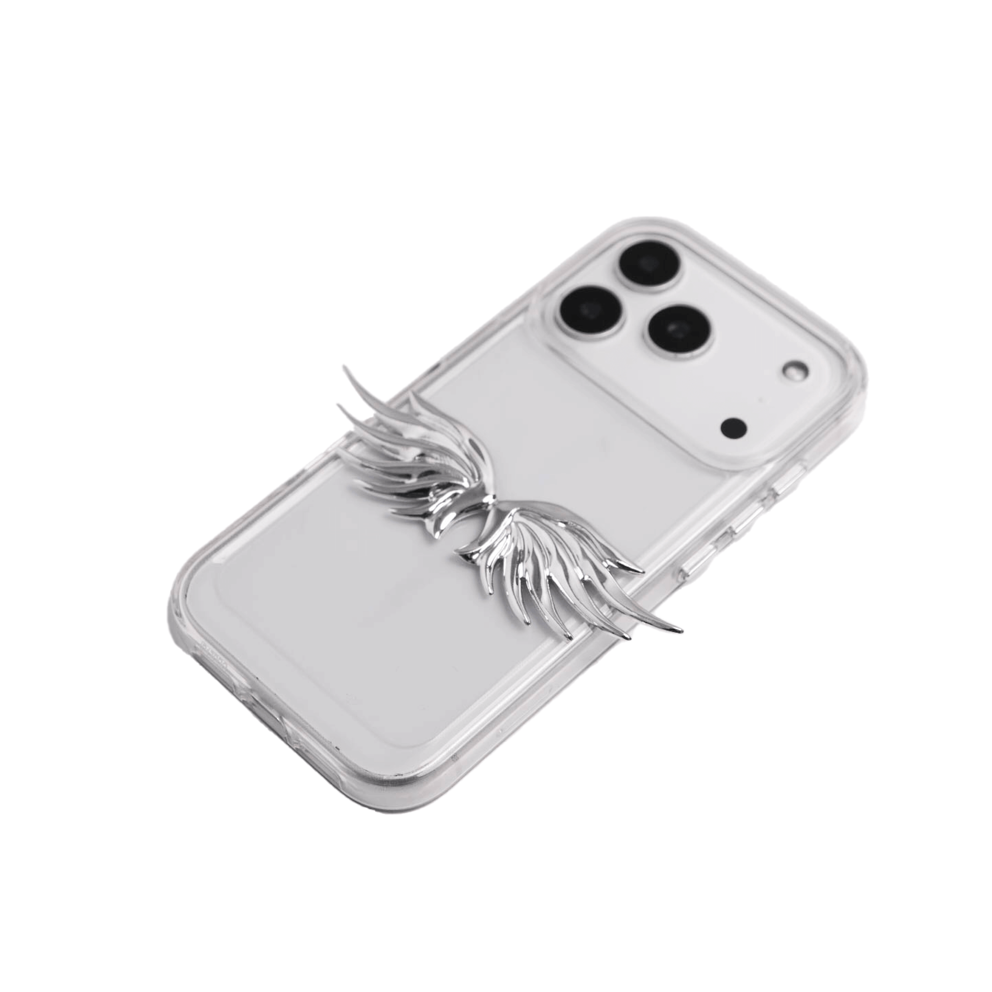 The Tiny Silver Angel Wings iPhone Case featuring a pair of small, symmetrical 3D sculpted silver wings with a high-shine chrome finish. Available in three base variations: Silver, Transparent, and Black.
