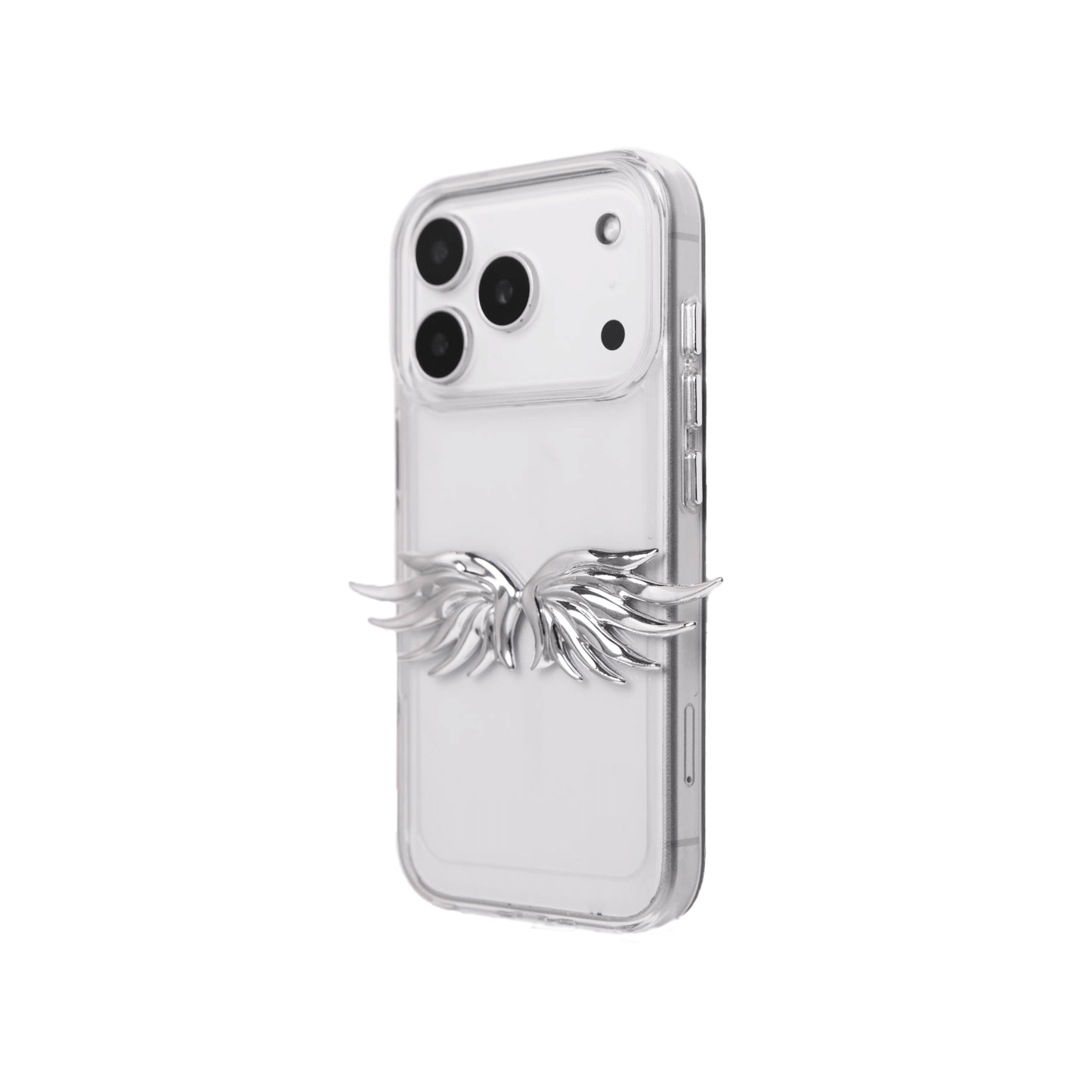 The Tiny Silver Angel Wings iPhone Case featuring a pair of small, symmetrical 3D sculpted silver wings with a high-shine chrome finish. Available in three base variations: Silver, Transparent, and Black.
