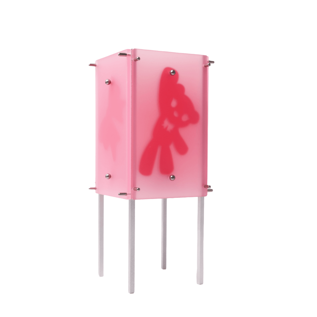 Pink cabinet with a red silhouette on a white background