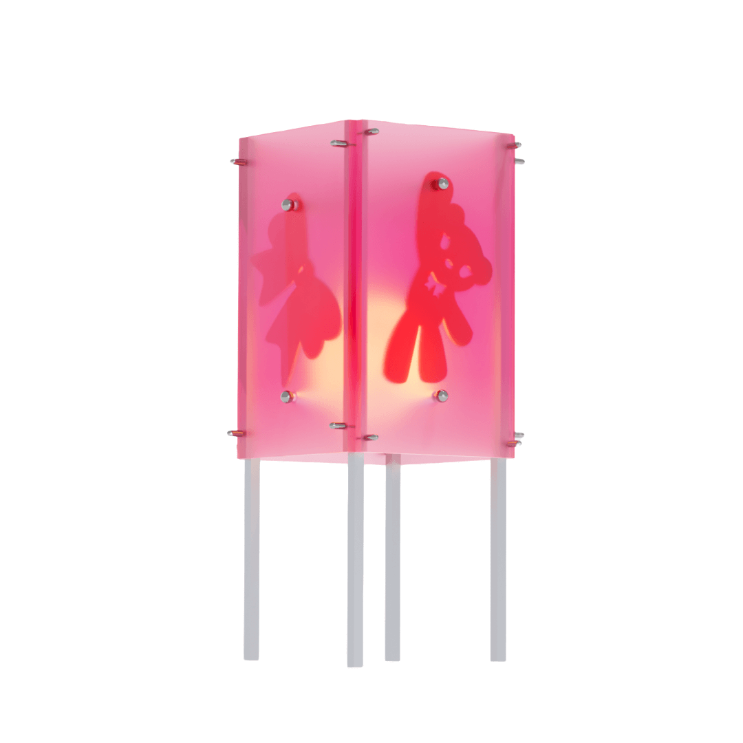 Pink cylindrical lamp with red abstract shapes on a white background