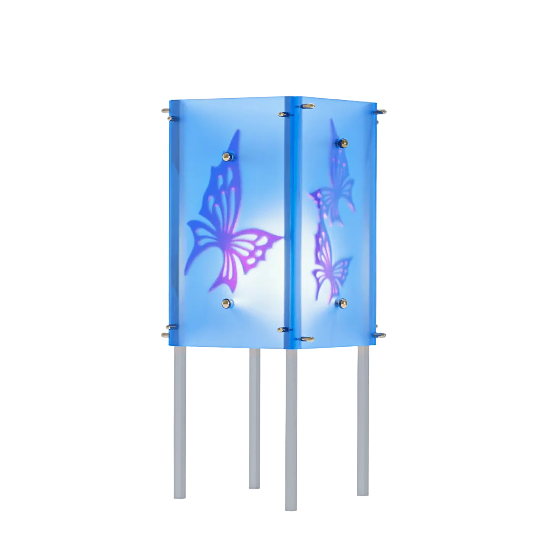 Decorative blue panel with butterfly designs on a white background