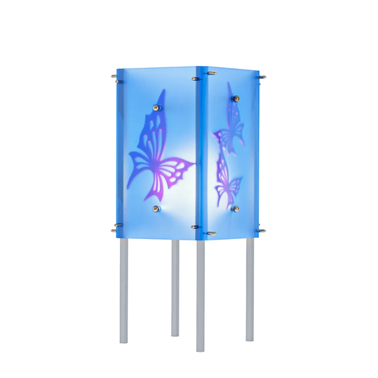 Decorative blue panel with butterfly designs on a white background