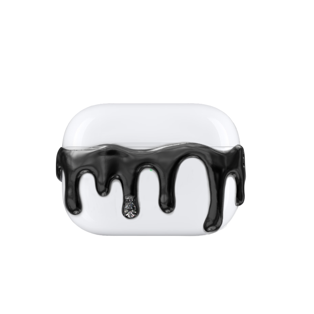 AirPods case with silver molten drip design and embedded crystals, resembling melted metal frozen mid-flow for a luxe, futuristic look.