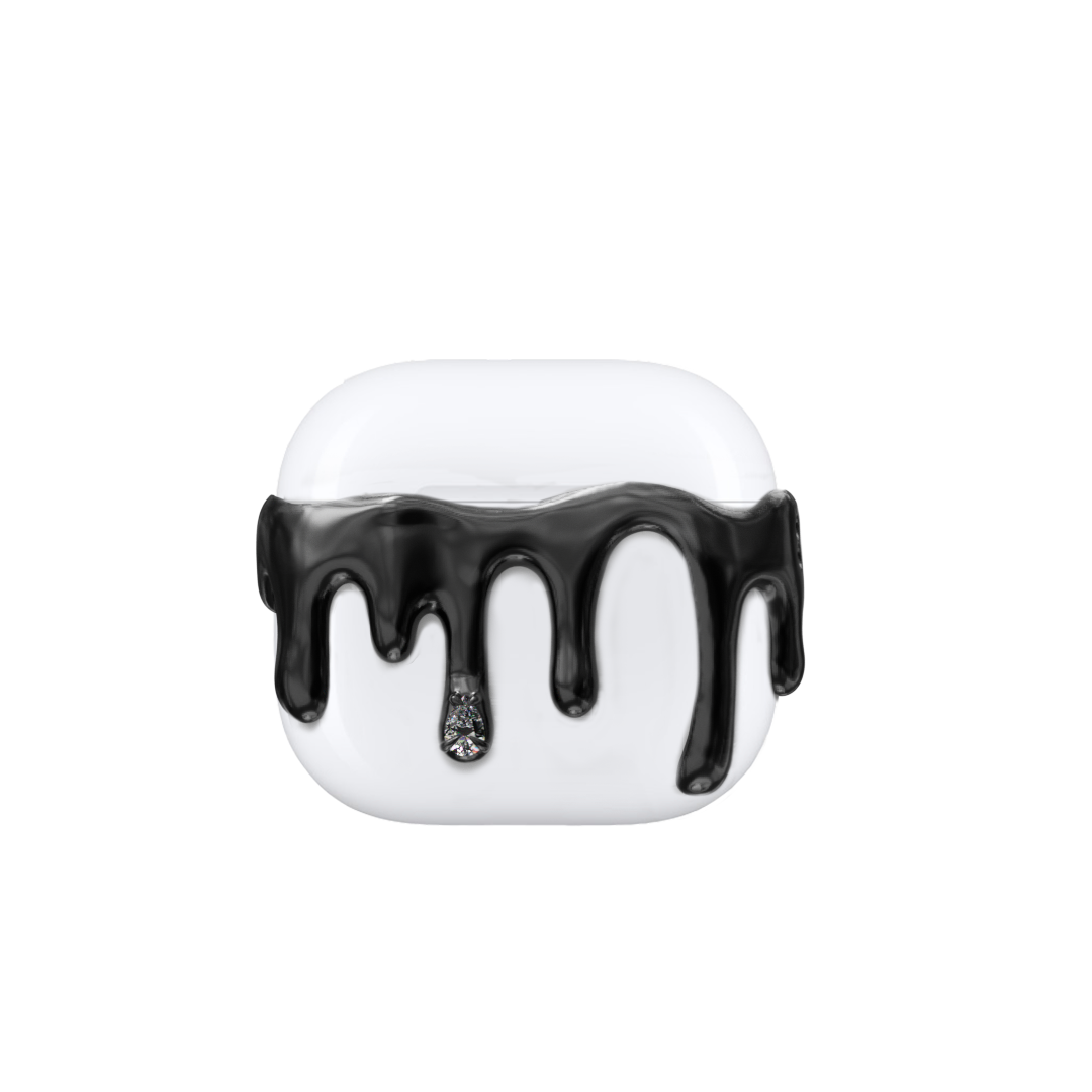 AirPods case with silver molten drip design and embedded crystals, resembling melted metal frozen mid-flow for a luxe, futuristic look.