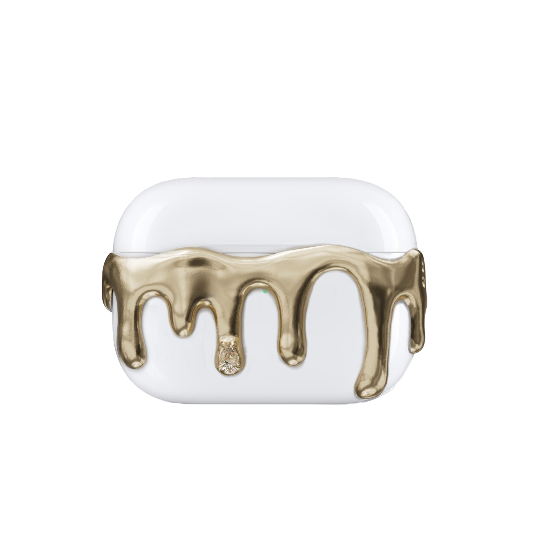 AirPods case with silver molten drip design and embedded crystals, resembling melted metal frozen mid-flow for a luxe, futuristic look.