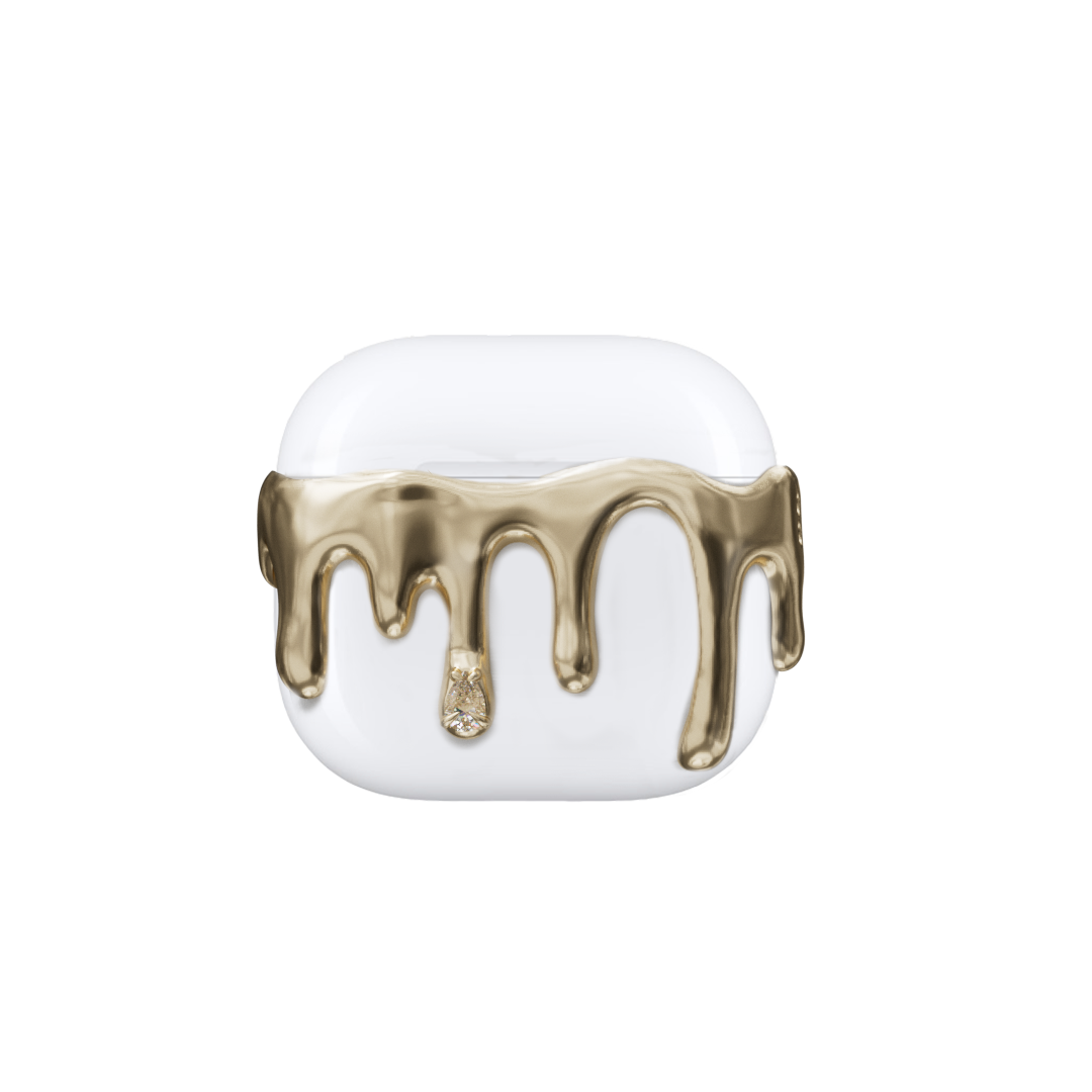 AirPods case with silver molten drip design and embedded crystals, resembling melted metal frozen mid-flow for a luxe, futuristic look.