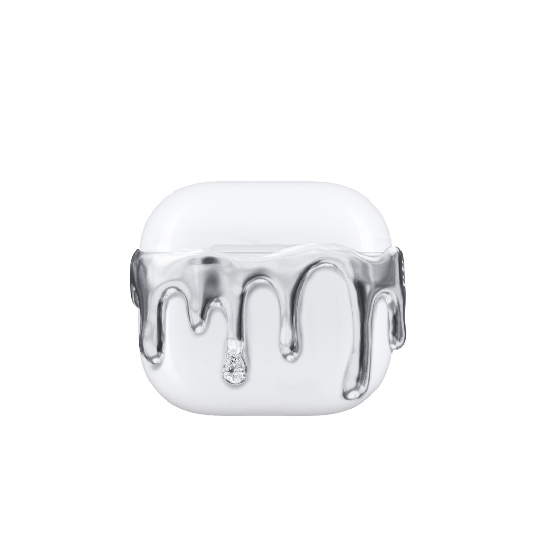 AirPods case with silver molten drip design and embedded crystals, resembling melted metal frozen mid-flow for a luxe, futuristic look.