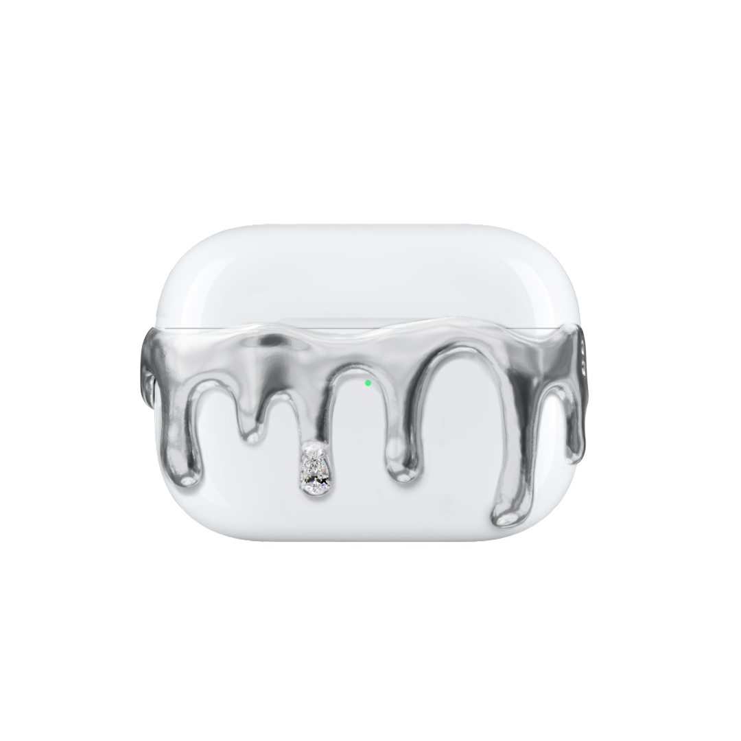 AirPods case with silver molten drip design and embedded crystals, resembling melted metal frozen mid-flow for a luxe, futuristic look.