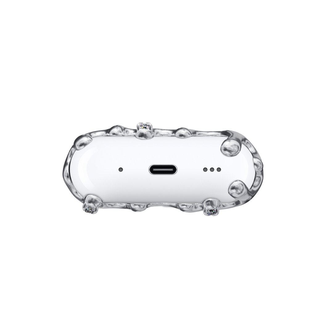 AirPods case with silver molten drip design and embedded crystals, resembling melted metal frozen mid-flow for a luxe, futuristic look.