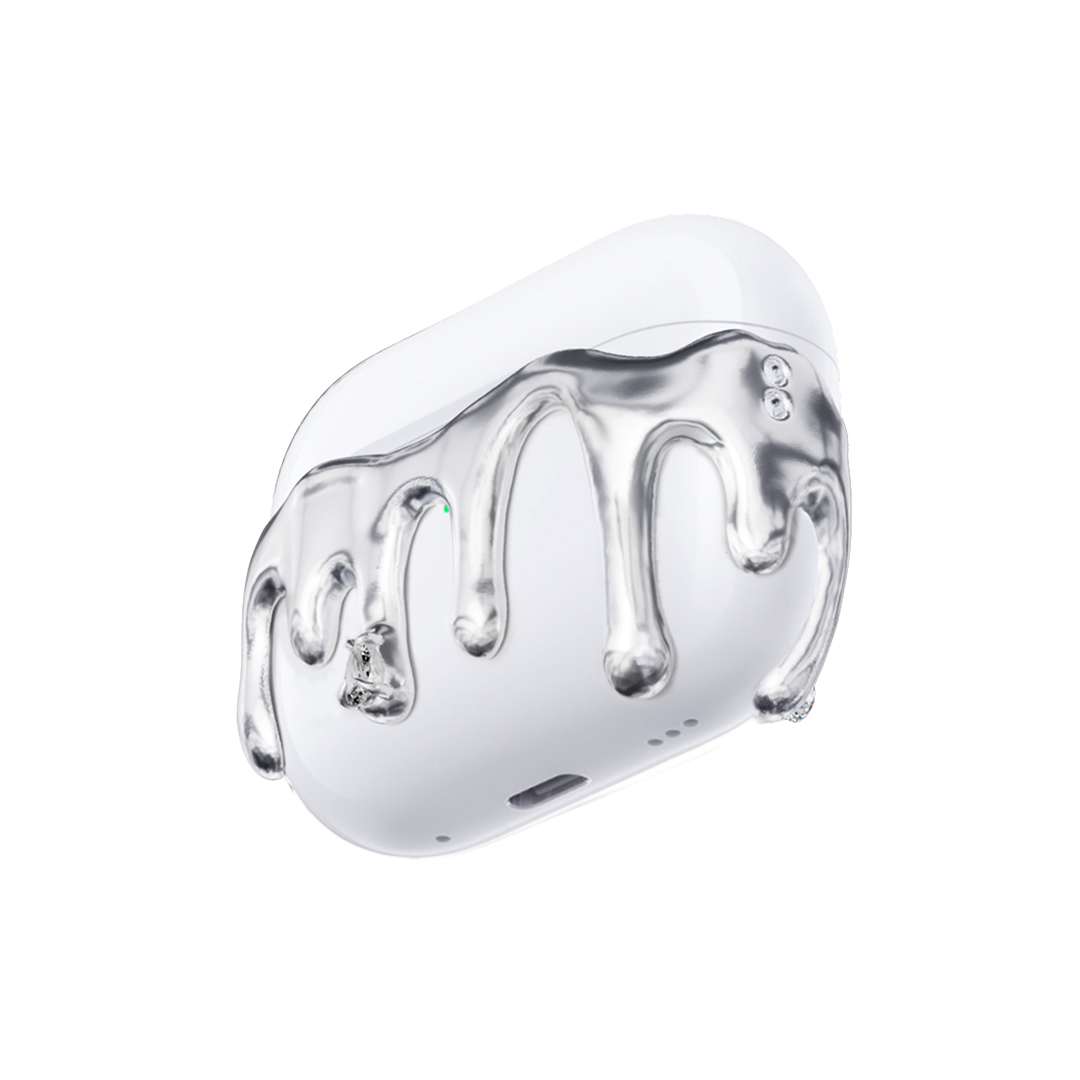 AirPods case with silver molten drip design and embedded crystals, resembling melted metal frozen mid-flow for a luxe, futuristic look.