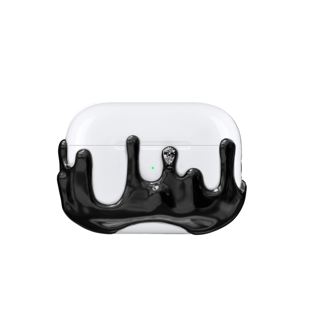 AirPods case with upward-flowing silver surge design, featuring crystal accents at the tips of molten-like peaks for a rising liquid metal effect