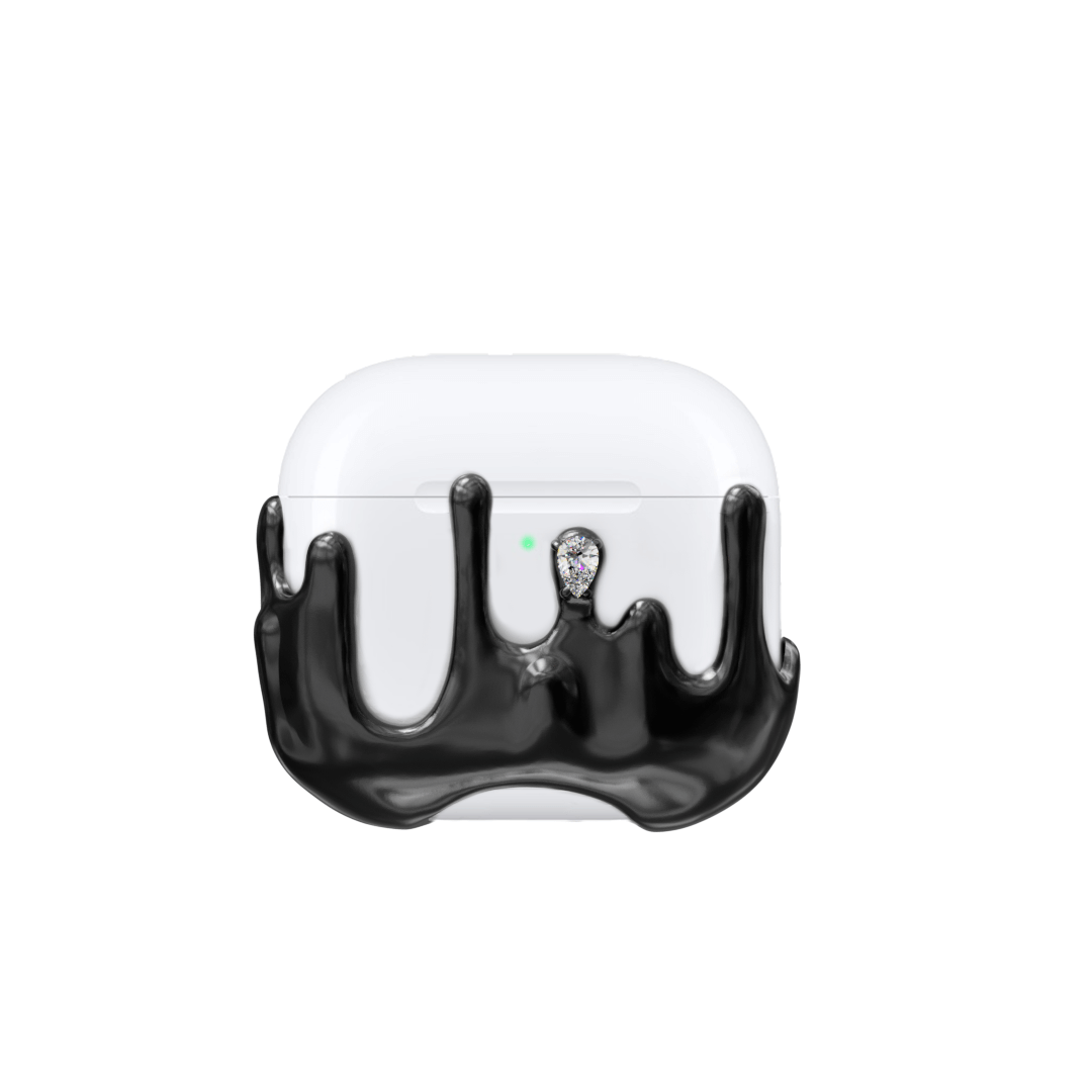 AirPods case with upward-flowing silver surge design, featuring crystal accents at the tips of molten-like peaks for a rising liquid metal effect
