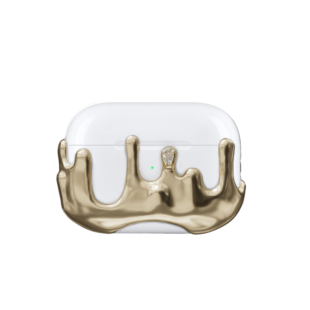 AirPods case with upward-flowing silver surge design, featuring crystal accents at the tips of molten-like peaks for a rising liquid metal effect