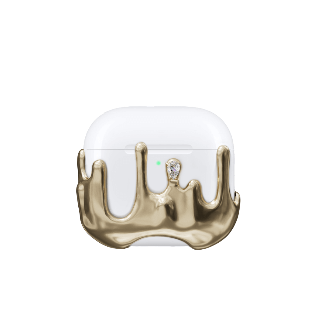 AirPods case with upward-flowing silver surge design, featuring crystal accents at the tips of molten-like peaks for a rising liquid metal effect