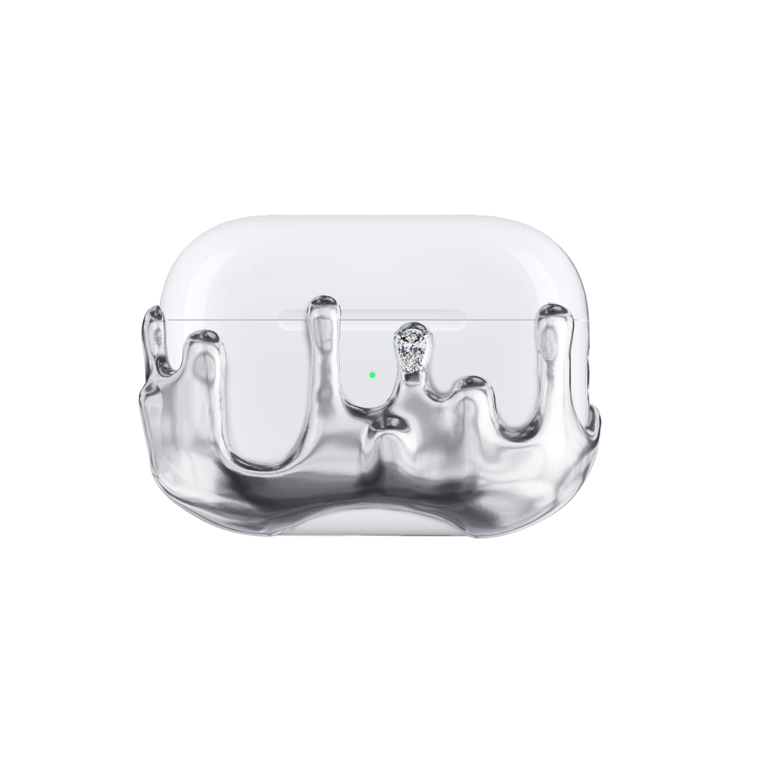 AirPods case with upward-flowing silver surge design, featuring crystal accents at the tips of molten-like peaks for a rising liquid metal effect