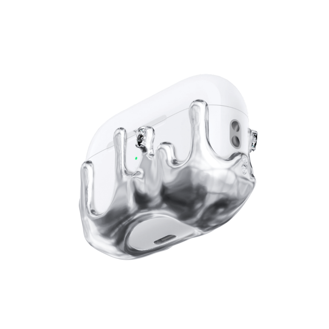 AirPods case with upward-flowing silver surge design, featuring crystal accents at the tips of molten-like peaks for a rising liquid metal effect