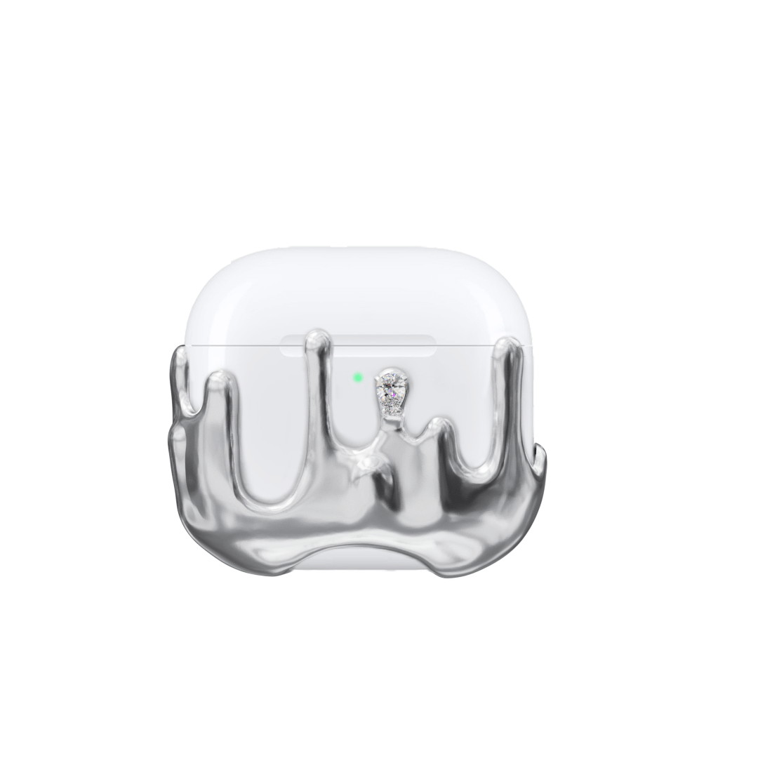 AirPods case with upward-flowing silver surge design, featuring crystal accents at the tips of molten-like peaks for a rising liquid metal effect
