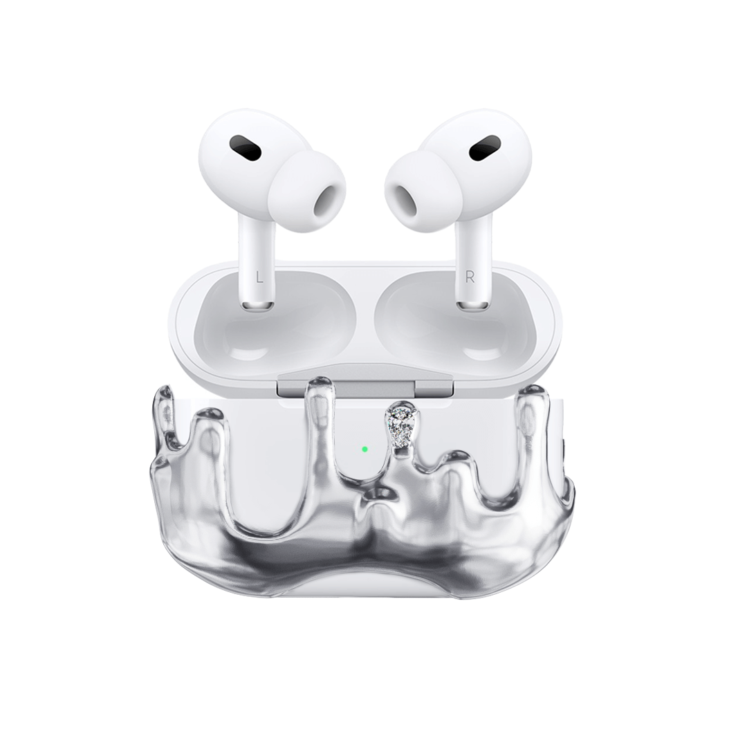 AirPods case with upward-flowing silver surge design, featuring crystal accents at the tips of molten-like peaks for a rising liquid metal effect