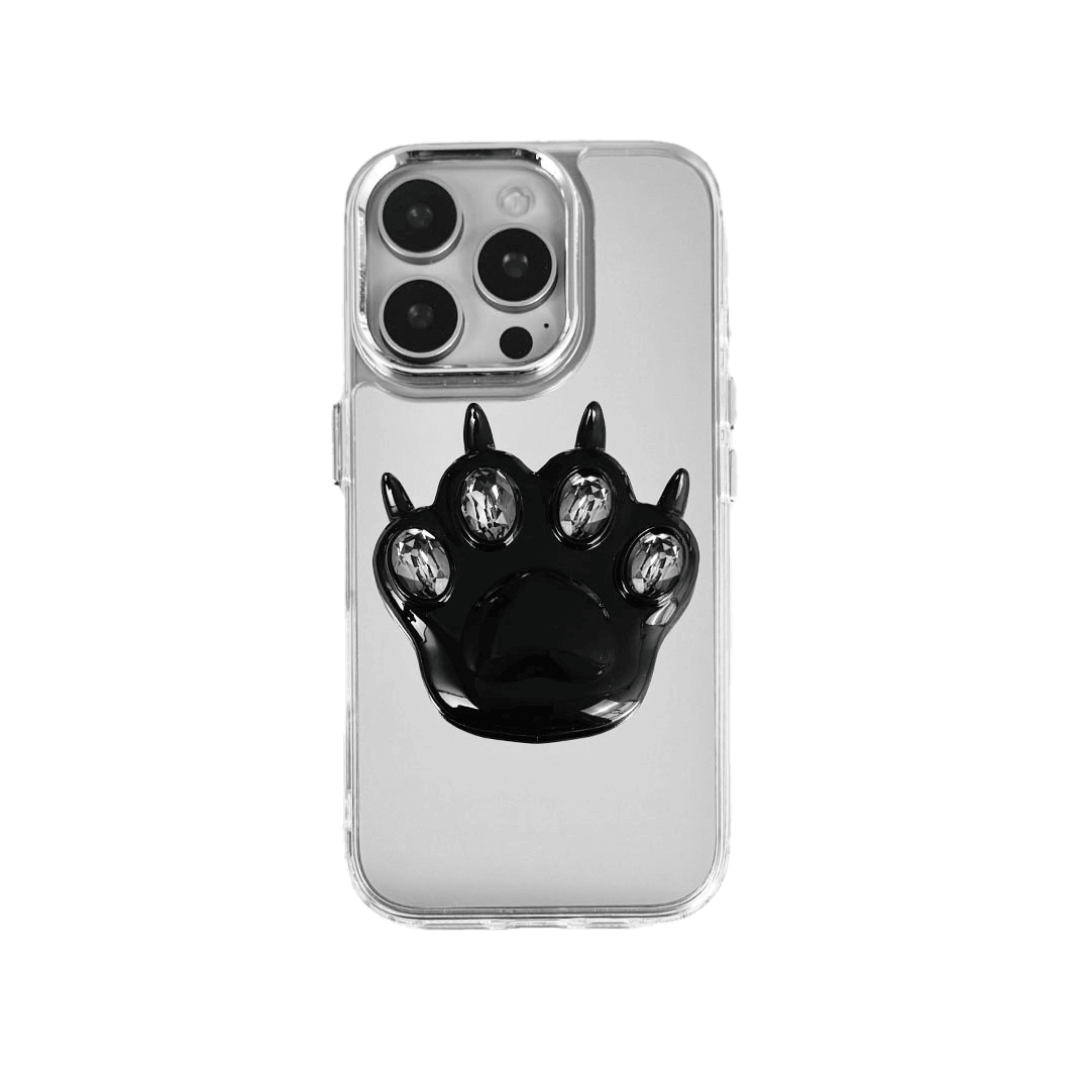 GEM CAT PAW iPhone Case with a black or silver sculpted cat paw design, set with Swarovski crystals in black, white, or pink, shown with pink crystals on a mirror-finish 