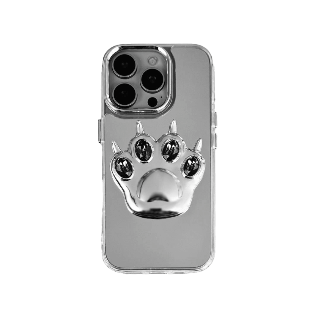 GEM CAT PAW iPhone Case with a black or silver sculpted cat paw design, set with Swarovski crystals in black, white, or pink, shown with pink crystals on a mirror-finish 