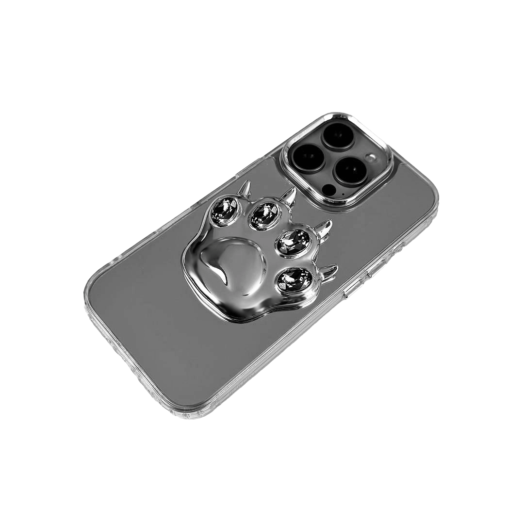 GEM CAT PAW iPhone Case with a black or silver sculpted cat paw design, set with Swarovski crystals in black, white, or pink, shown with pink crystals on a mirror-finish 