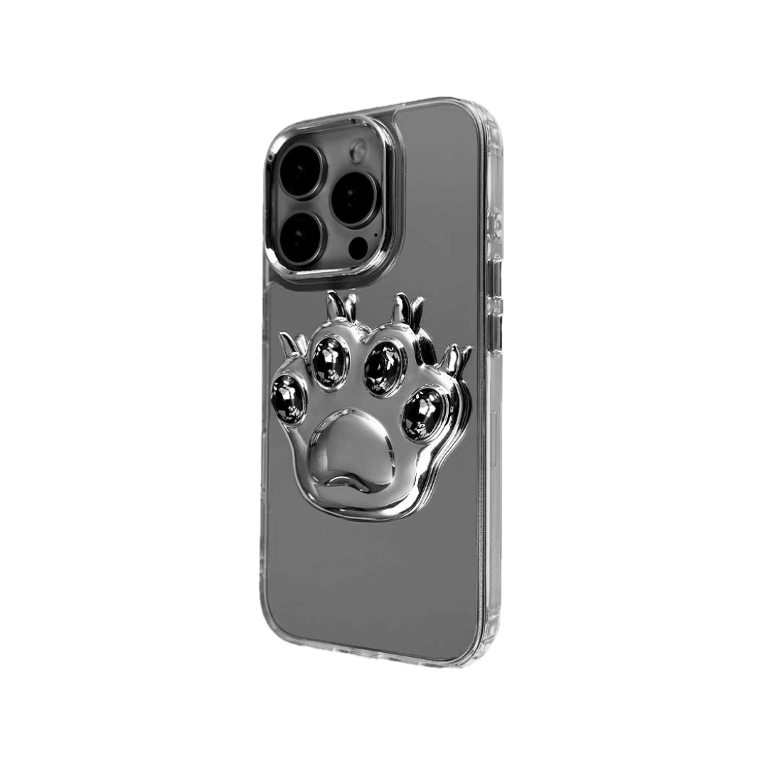 GEM CAT PAW iPhone Case with a black or silver sculpted cat paw design, set with Swarovski crystals in black, white, or pink, shown with pink crystals on a mirror-finish 