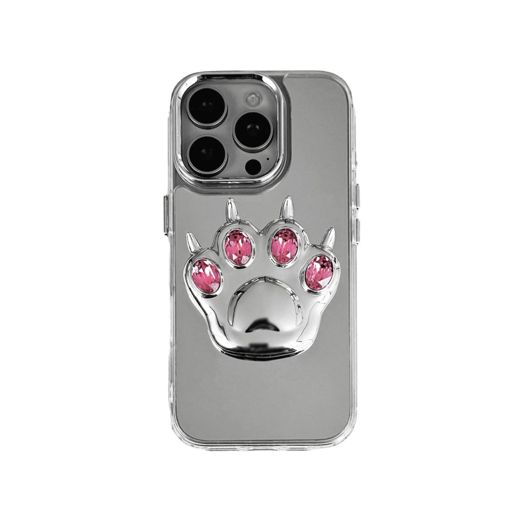 GEM CAT PAW iPhone Case with a black or silver sculpted cat paw design, set with Swarovski crystals in black, white, or pink, shown with pink crystals on a mirror-finish 