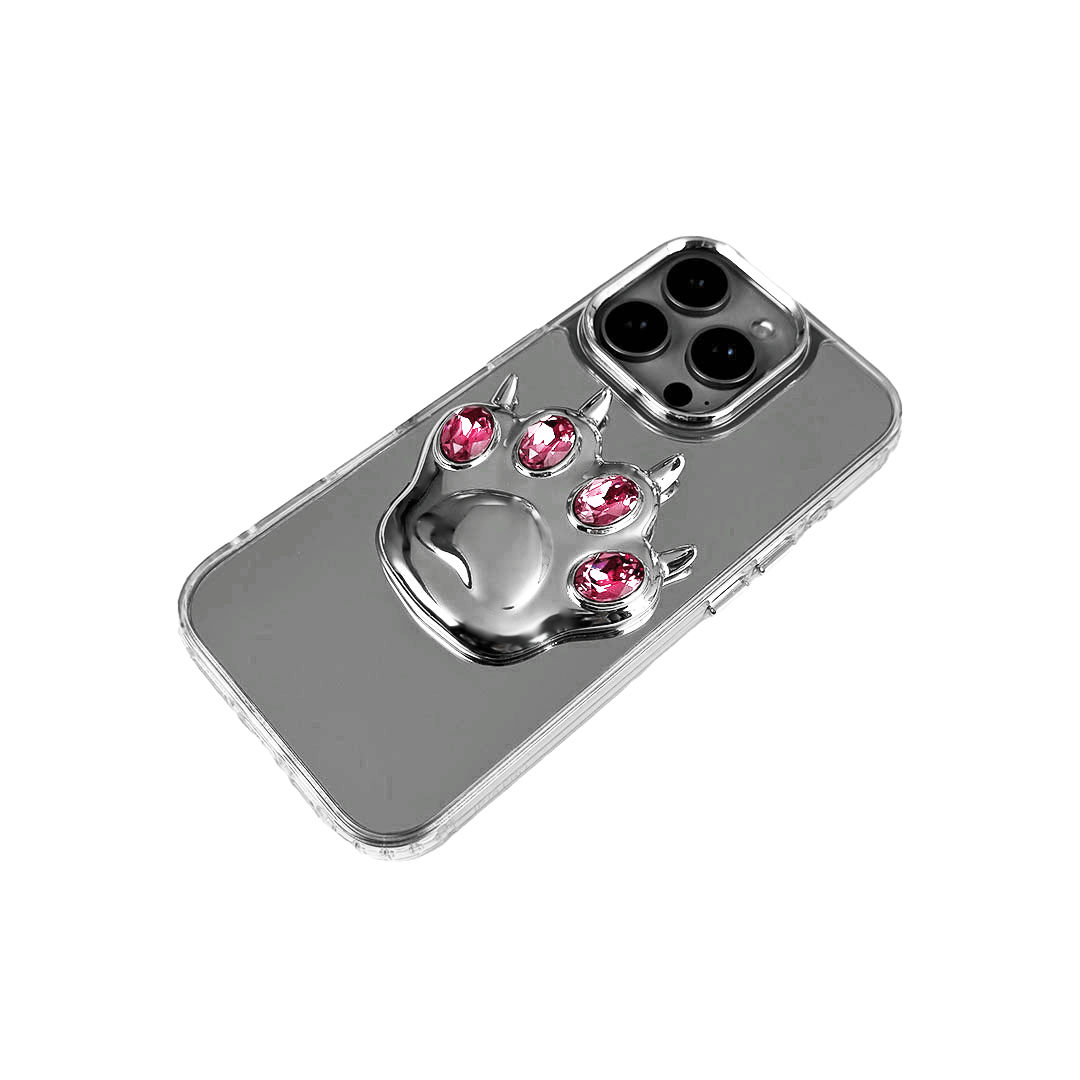 GEM CAT PAW iPhone Case with a black or silver sculpted cat paw design, set with Swarovski crystals in black, white, or pink, shown with pink crystals on a mirror-finish 