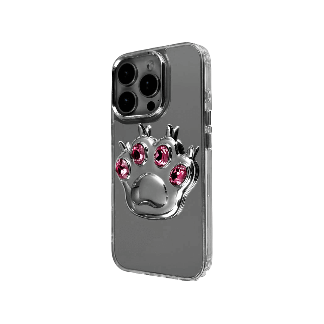 GEM CAT PAW iPhone Case with a black or silver sculpted cat paw design, set with Swarovski crystals in black, white, or pink, shown with pink crystals on a mirror-finish 