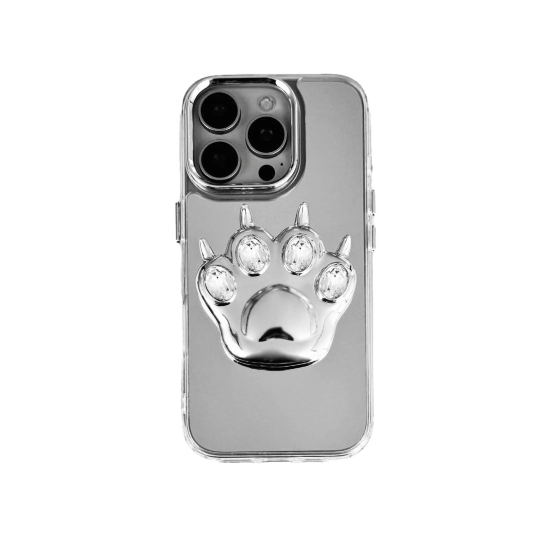 GEM CAT PAW iPhone Case with a black or silver sculpted cat paw design, set with Swarovski crystals in black, white, or pink, shown with pink crystals on a mirror-finish 