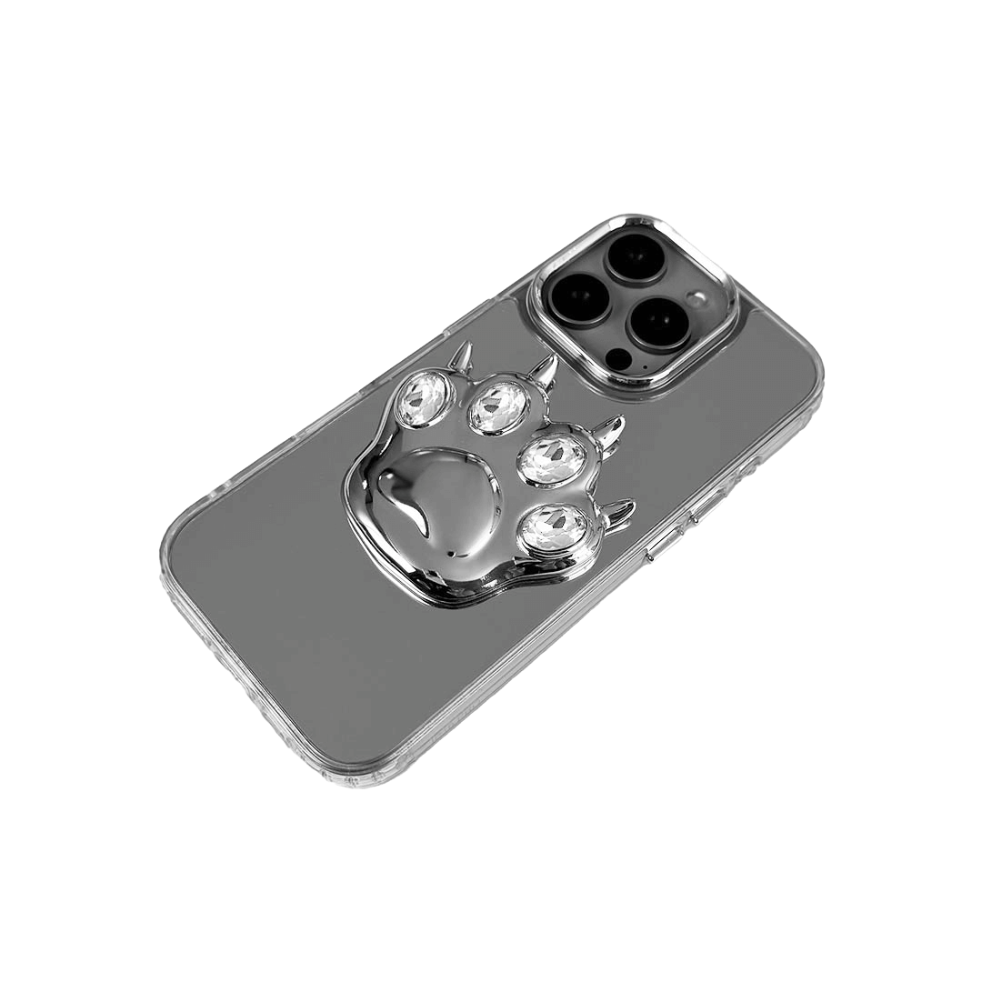GEM CAT PAW iPhone Case with a black or silver sculpted cat paw design, set with Swarovski crystals in black, white, or pink, shown with pink crystals on a mirror-finish 