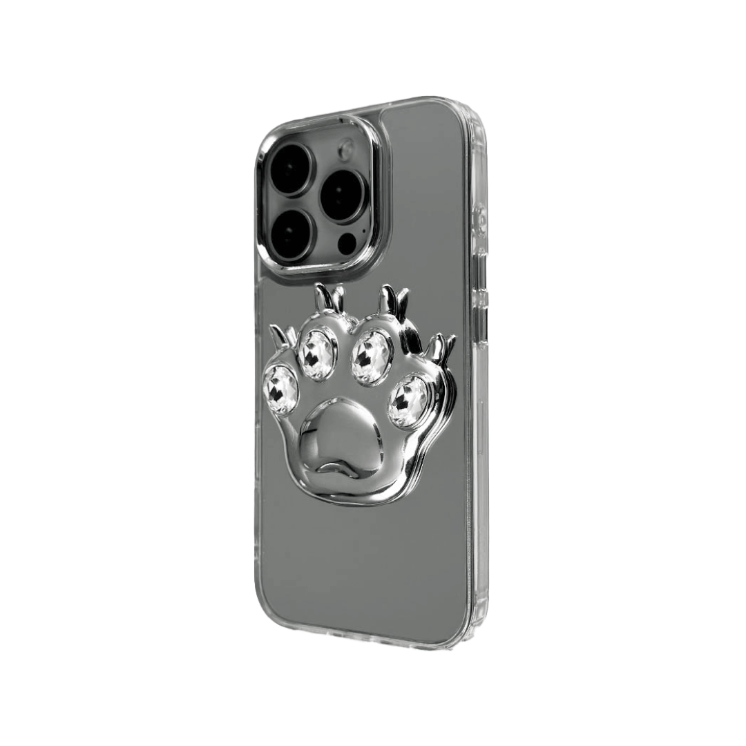 GEM CAT PAW iPhone Case with a black or silver sculpted cat paw design, set with Swarovski crystals in black, white, or pink, shown with pink crystals on a mirror-finish 