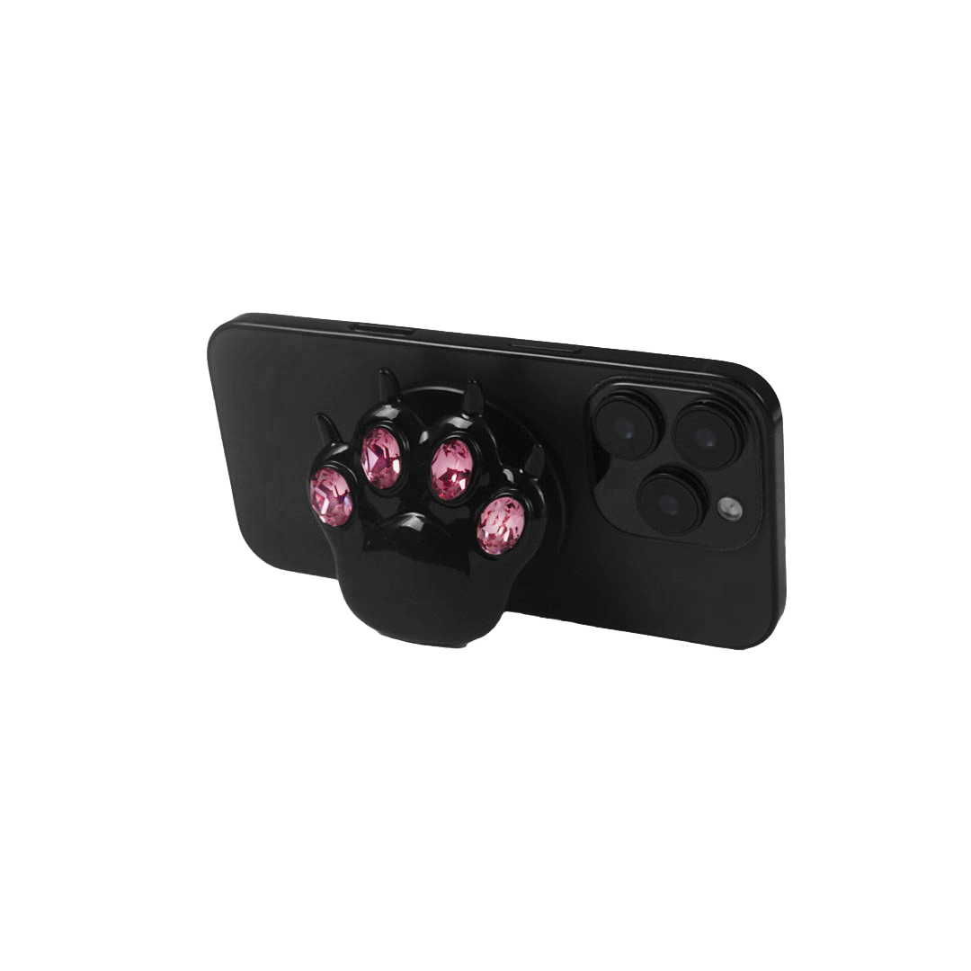 GEM CAT PAW phone grip with black or silver cat paw design, adorned with Swarovski crystals in black, white, or pink.