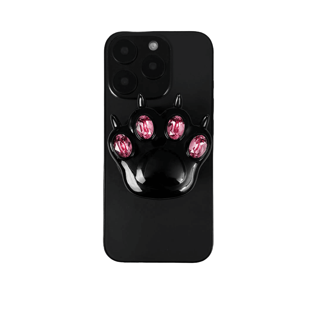 GEM CAT PAW phone grip with black or silver cat paw design, adorned with Swarovski crystals in black, white, or pink.