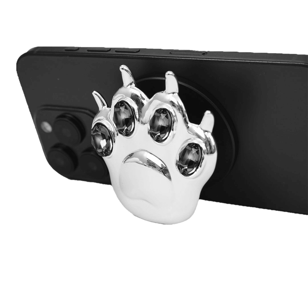 GEM CAT PAW phone grip with black or silver cat paw design, adorned with Swarovski crystals in black, white, or pink.