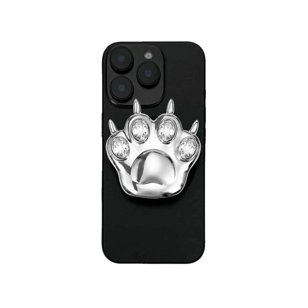 GEM CAT PAW phone grip with black or silver cat paw design, adorned with Swarovski crystals in black, white, or pink.