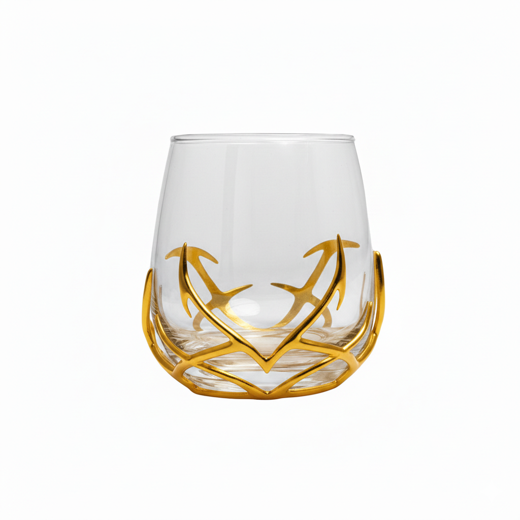 Clear glass with gold decorative elements on a white background