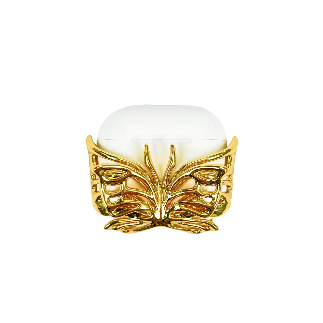 airpods cover, butterfly, sliver, gold, xtended identity: Luxurious 18K gold plated butterfly wing-shaped AirPods case cover, featuring a high-gloss molten gold finish with intricate wing detailing, avant-garde fairycore tech accessory.
豪華な18K金メッキを施した、蝶の羽型AirPodsケースカバー。繊细な羽のディテールと、艶やかな溶融ゴールド仕上げ。未来的なフェアリーコアデザイン。