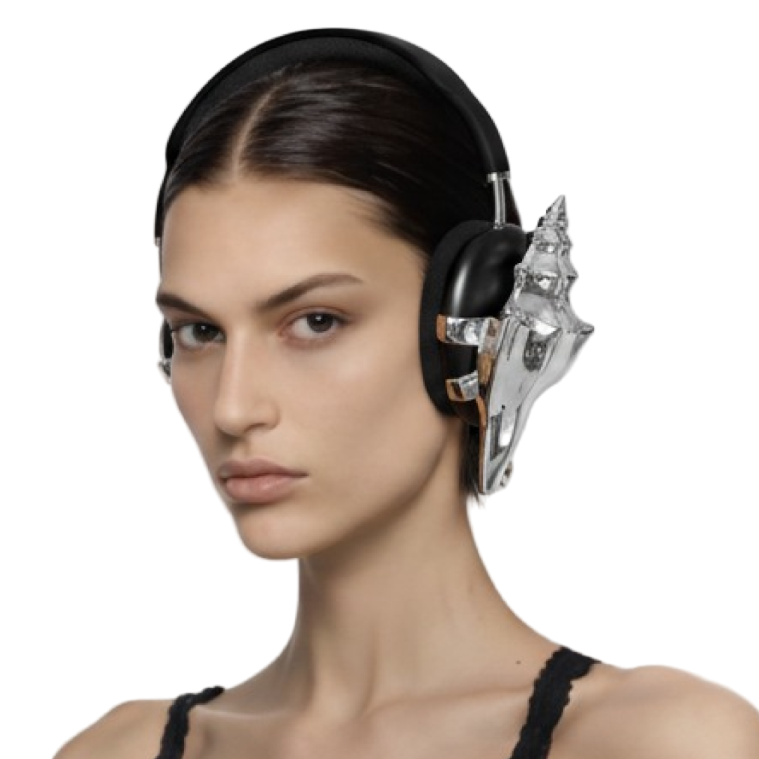 Model wearing a unique shell-shaped airpods max case on a plain background