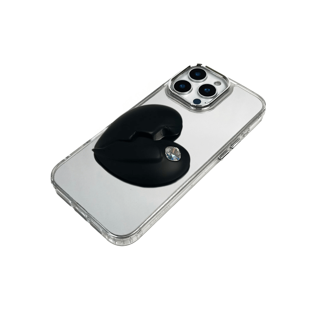 3D silver, pink, red and black metallic iPhone case featuring a cracked heart design with smooth chrome finish and a single embedded gem.