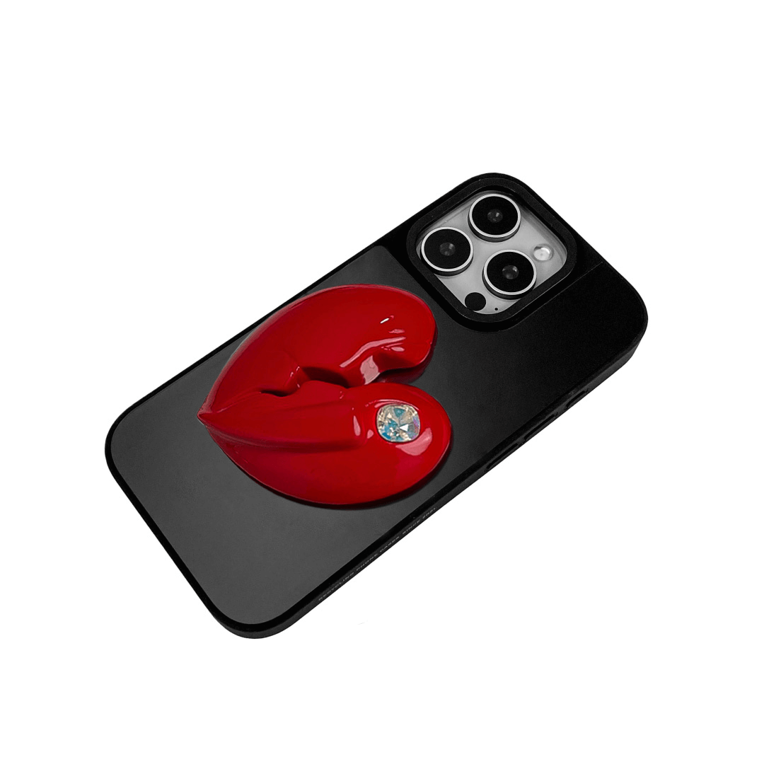 3D silver, pink, red and black metallic iPhone case featuring a cracked heart design with smooth chrome finish and a single embedded gem.