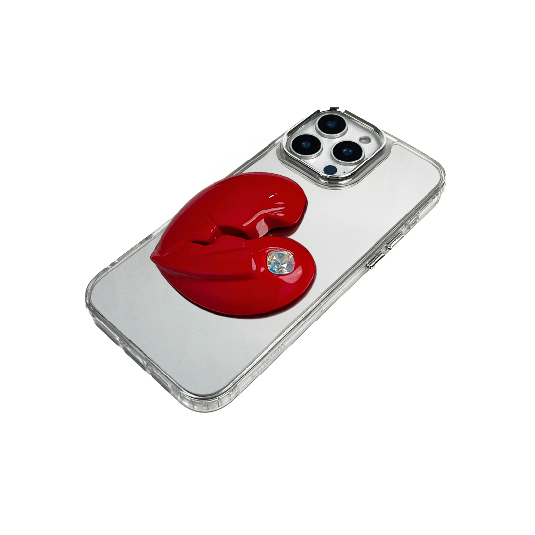3D silver, pink, red and black metallic iPhone case featuring a cracked heart design with smooth chrome finish and a single embedded gem.