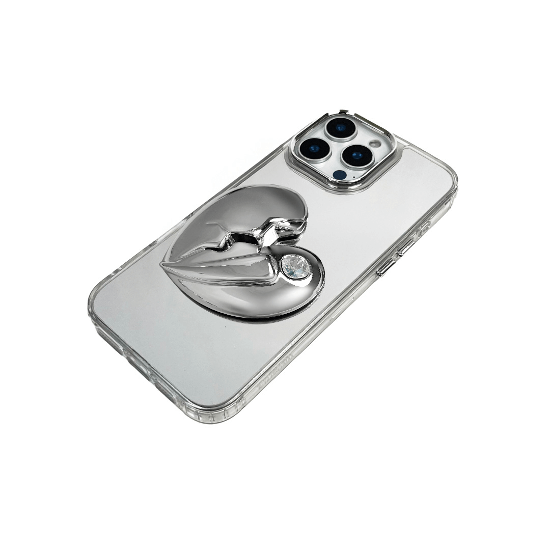 3D silver, pink, red and black metallic iPhone case featuring a cracked heart design with smooth chrome finish and a single embedded gem.