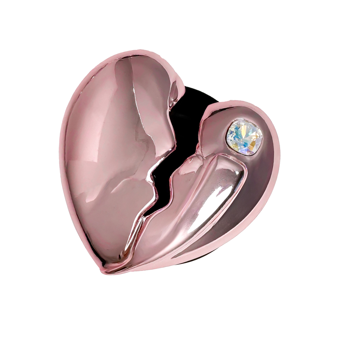 3D silver, pink, red and black metallic Phone grip featuring a cracked heart design with smooth chrome finish and a single embedded gem.
