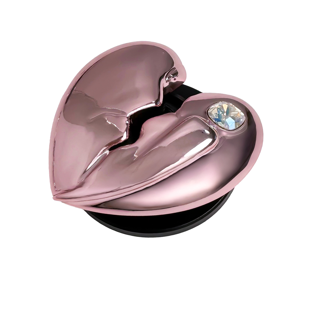 3D silver, pink, red and black metallic Phone grip featuring a cracked heart design with smooth chrome finish and a single embedded gem.